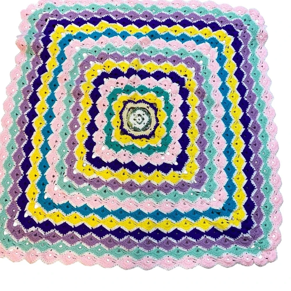 Handmade Crochet Granny Square Blanket Multi‎ Color Baby Girl Throw Retro 39x37